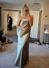 April | Sheath Strapless Skeleton Olive Green Satin Maxi Bridesmaid Dress with Backless and Buttons - Price #price_variant_lowest# - Olive Green - PromDressClub
